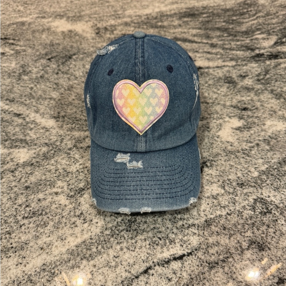 New Custom Designed Blue Distressed Baseball Cap with Shimmery Pastel Hearts